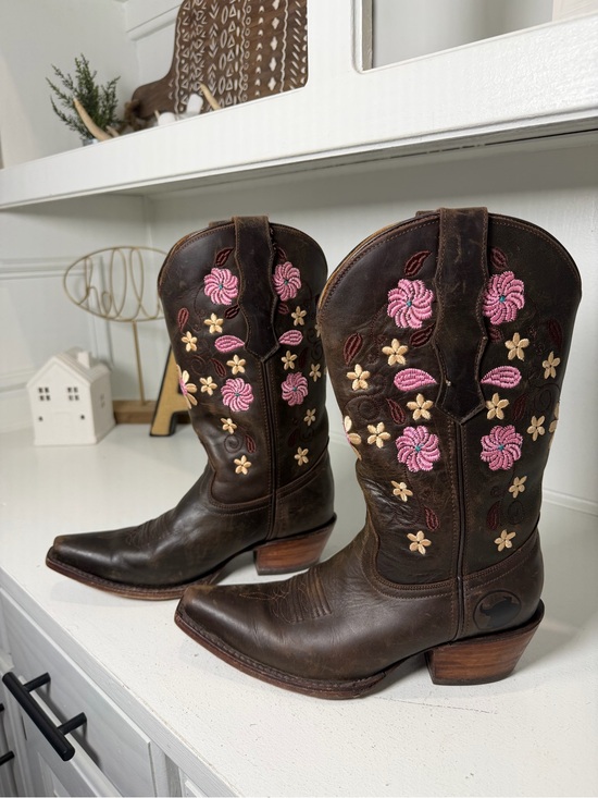 Big Bull Shoes - Big Bull Womens 7.5 Vintage Brown Leather Floral Embroidered Cowboy Boots